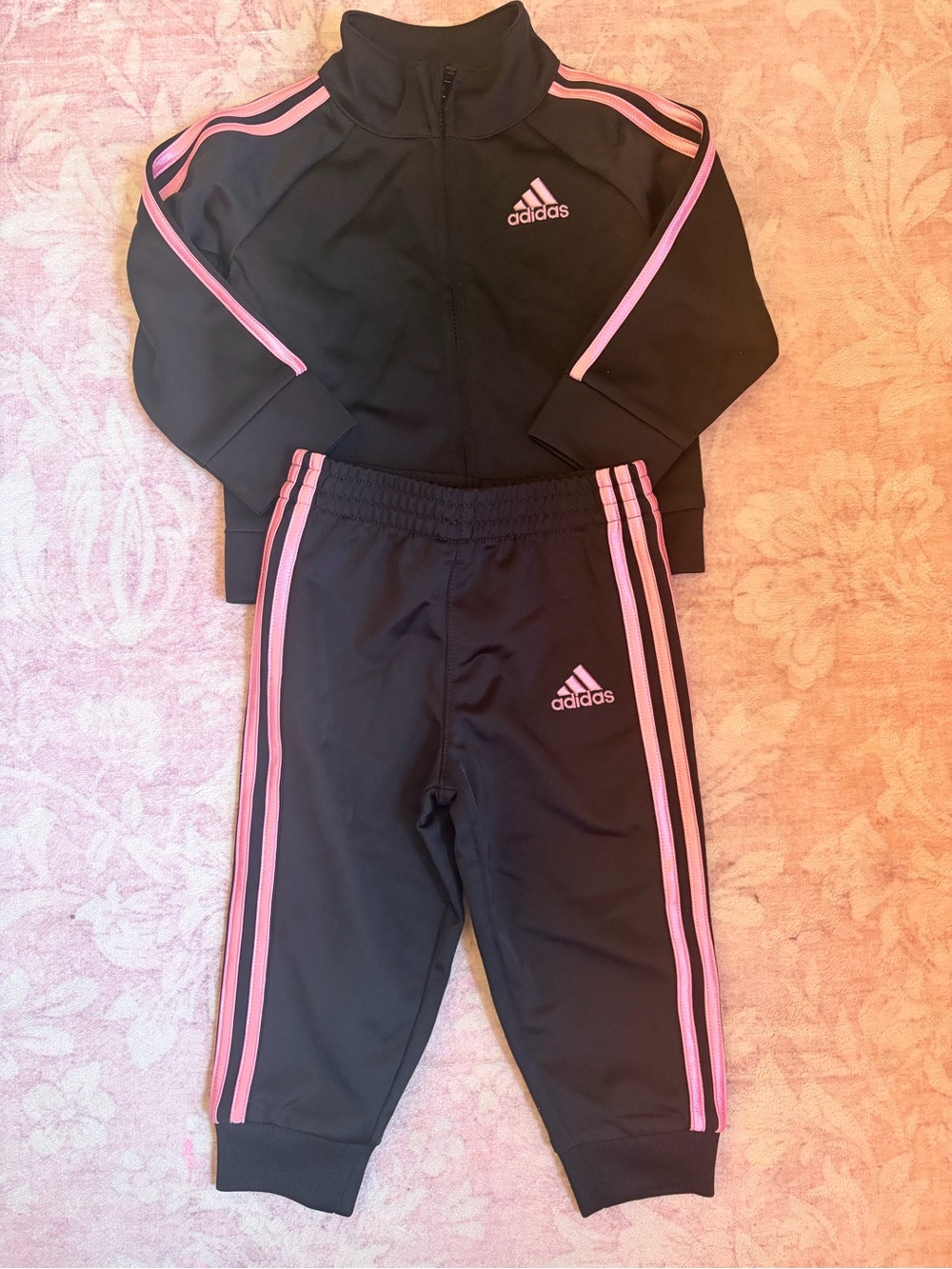 adidas Girls Black Joggers with Pink Three-Stripes